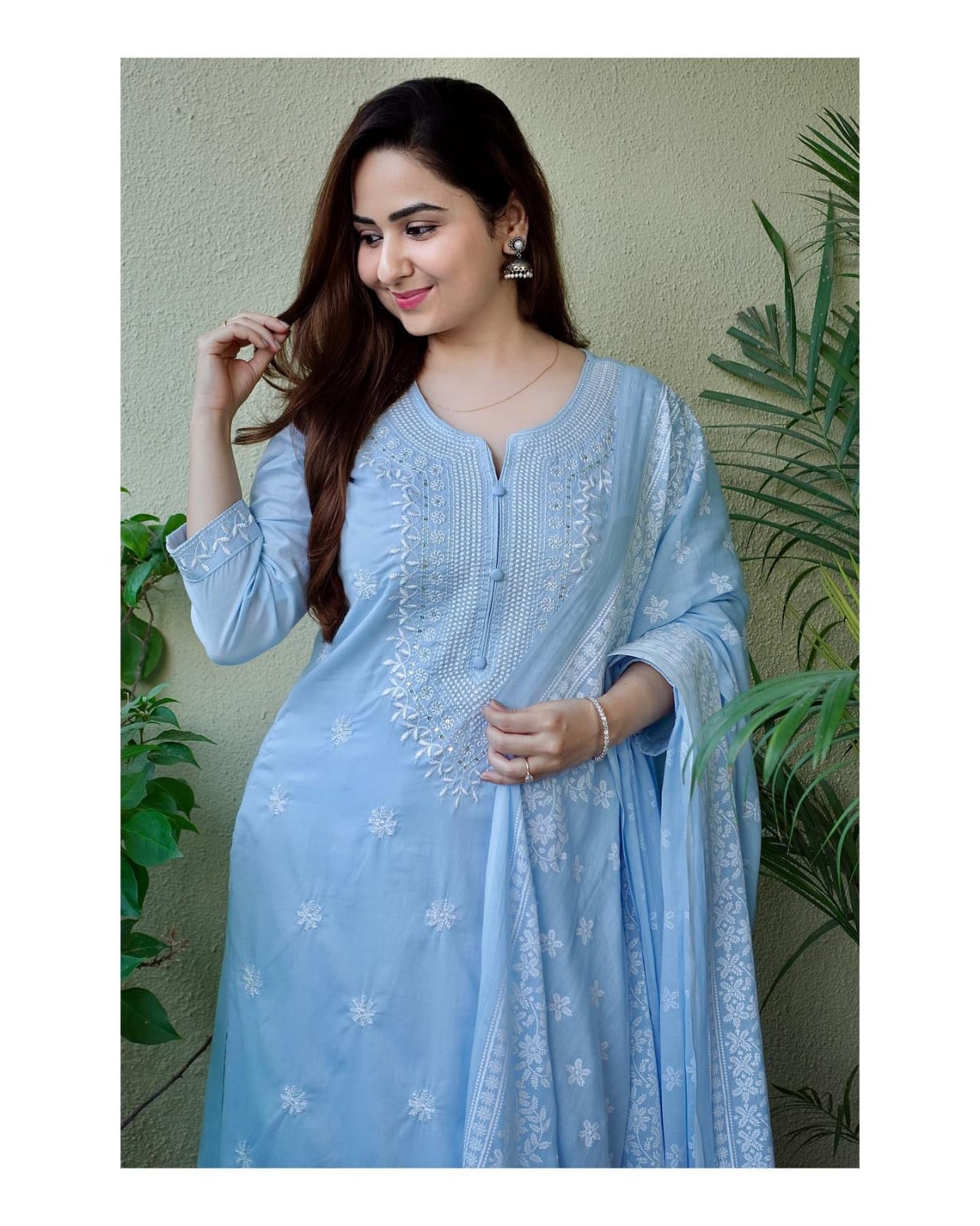 Lavangi Women's Sky Blue Cotton Lucknow Chikan Kurti